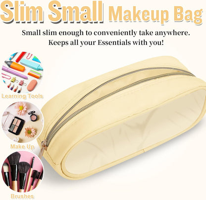 Nylon Large Floral Makeup Organizer Bag, Preppy Big Cute Flower Cosmetic Zipper Pouch Multi-compartment with Dividers, Waterproof Toiletry Make Up Bag Travel Essentials for Women(Light Yellow-Flower)
