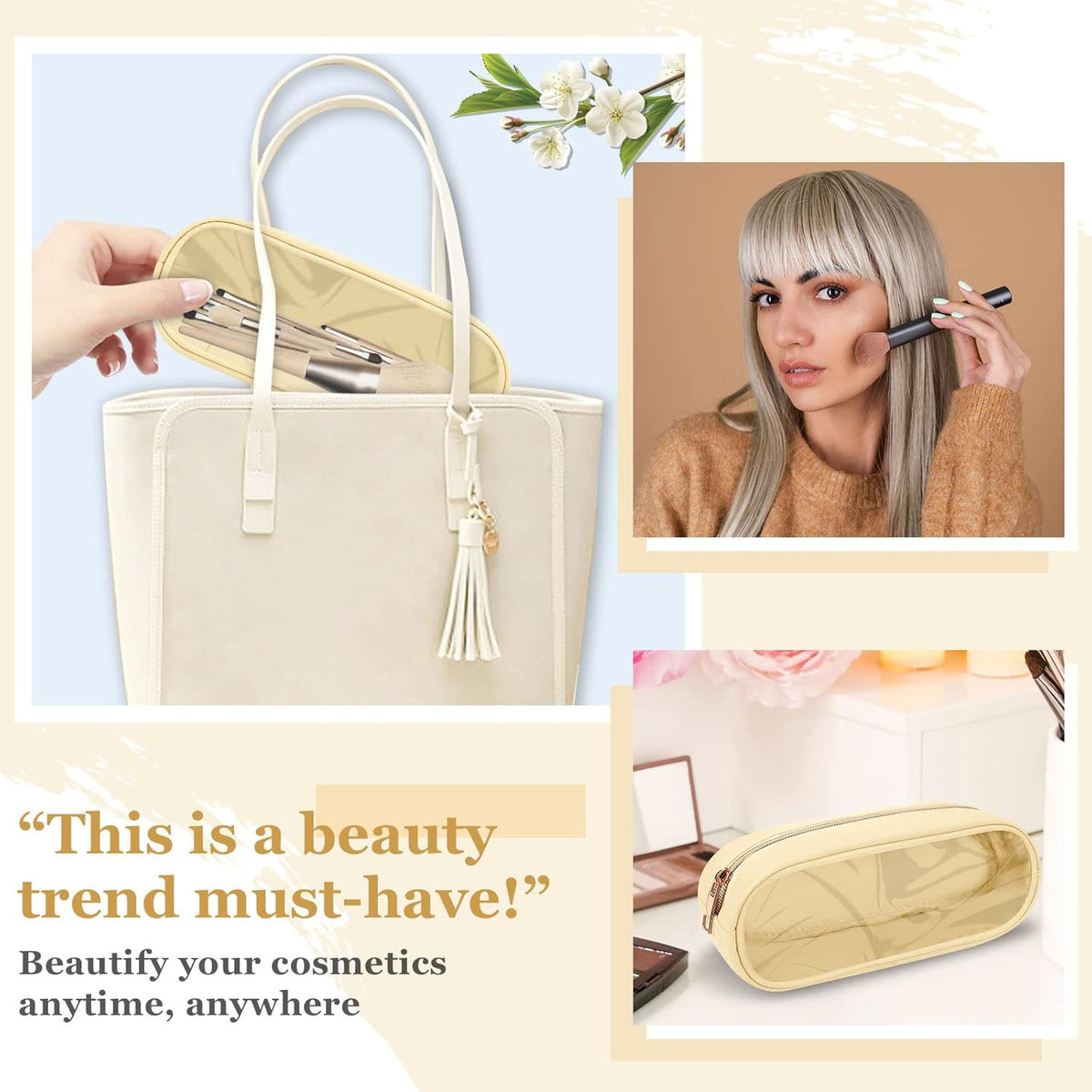 Nylon Large Floral Makeup Organizer Bag, Preppy Big Cute Flower Cosmetic Zipper Pouch Multi-compartment with Dividers, Waterproof Toiletry Make Up Bag Travel Essentials for Women(Light Yellow-Flower)