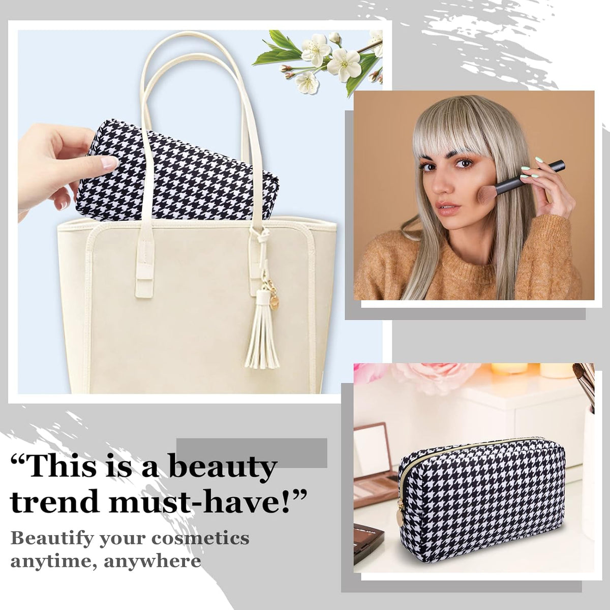 Nylon Large Floral Makeup Organizer Bag, Preppy Big Cute Flower Cosmetic Zipper Pouch Multi-compartment with Dividers, Waterproof Toiletry Make Up Bag Travel Essentials for Women(Light Yellow-Flower)