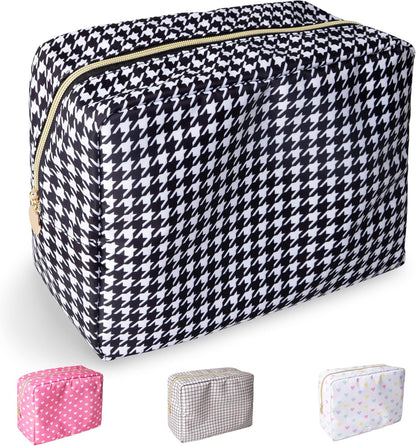 Nylon Large Floral Makeup Organizer Bag, Preppy Big Cute Flower Cosmetic Zipper Pouch Multi-compartment with Dividers, Waterproof Toiletry Make Up Bag Travel Essentials for Women(Light Yellow-Flower)