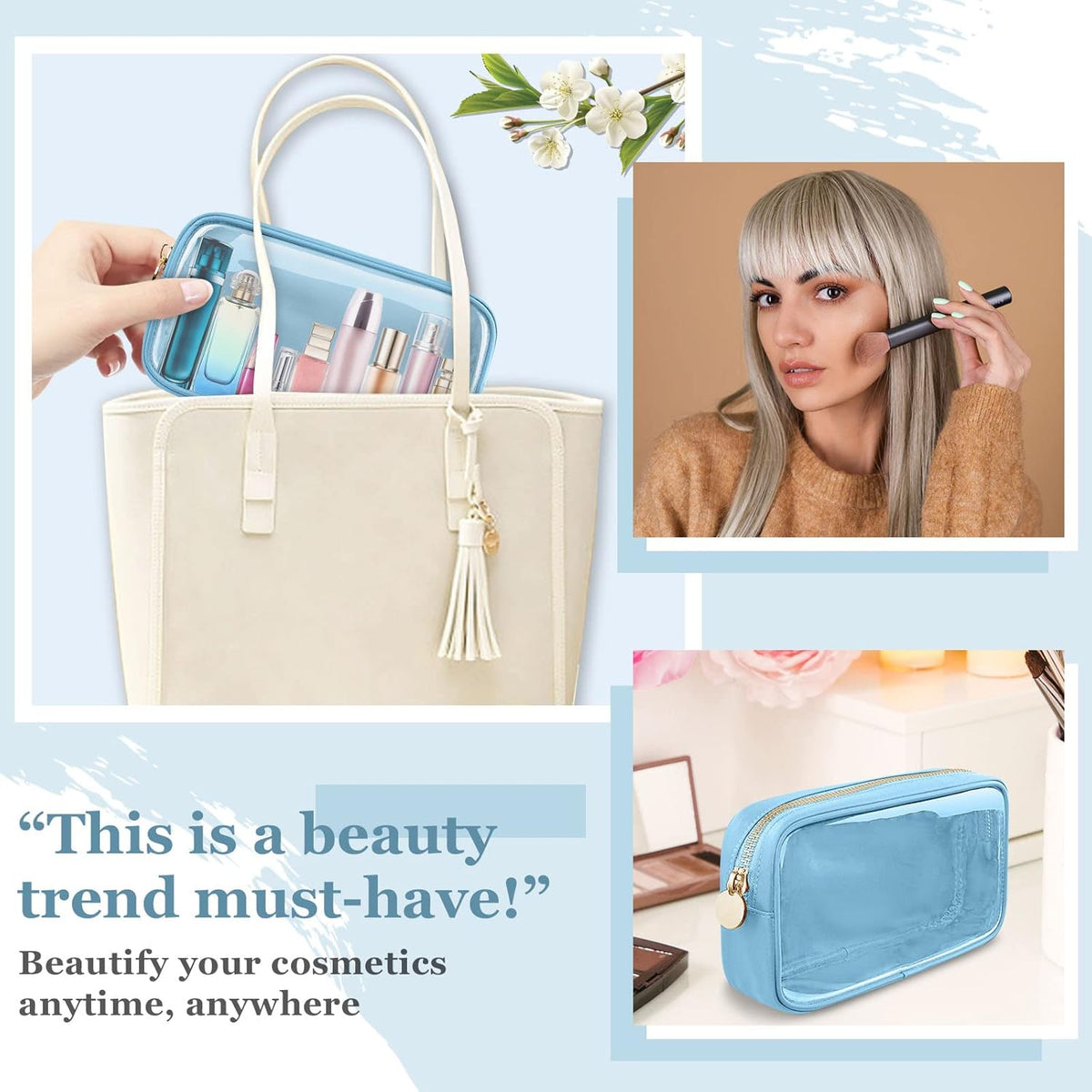 Nylon Large Floral Makeup Organizer Bag, Preppy Big Cute Flower Cosmetic Zipper Pouch Multi-compartment with Dividers, Waterproof Toiletry Make Up Bag Travel Essentials for Women(Light Yellow-Flower)