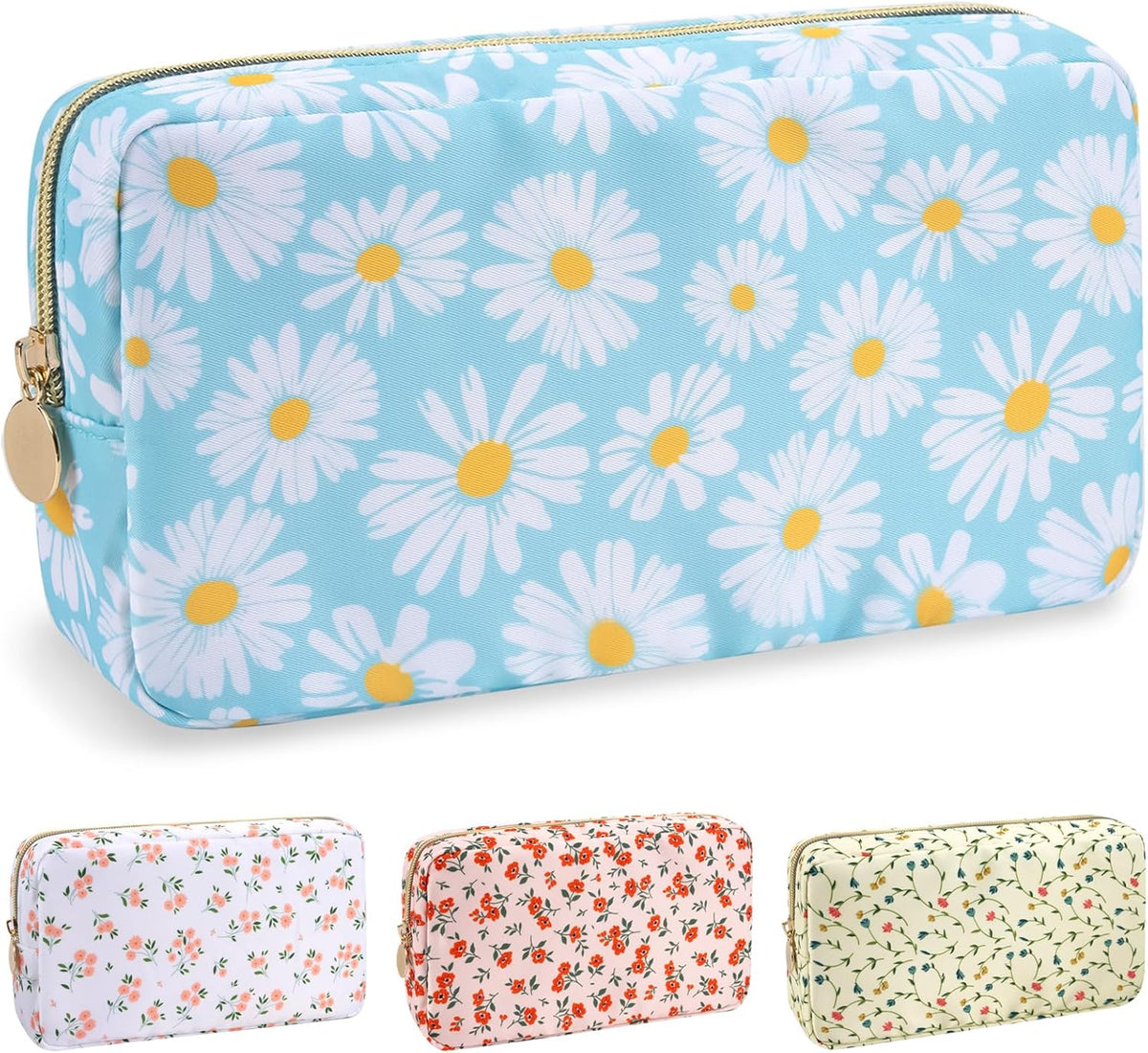 Nylon Large Floral Makeup Organizer Bag, Preppy Big Cute Flower Cosmetic Zipper Pouch Multi-compartment with Dividers, Waterproof Toiletry Make Up Bag Travel Essentials for Women(Light Yellow-Flower)