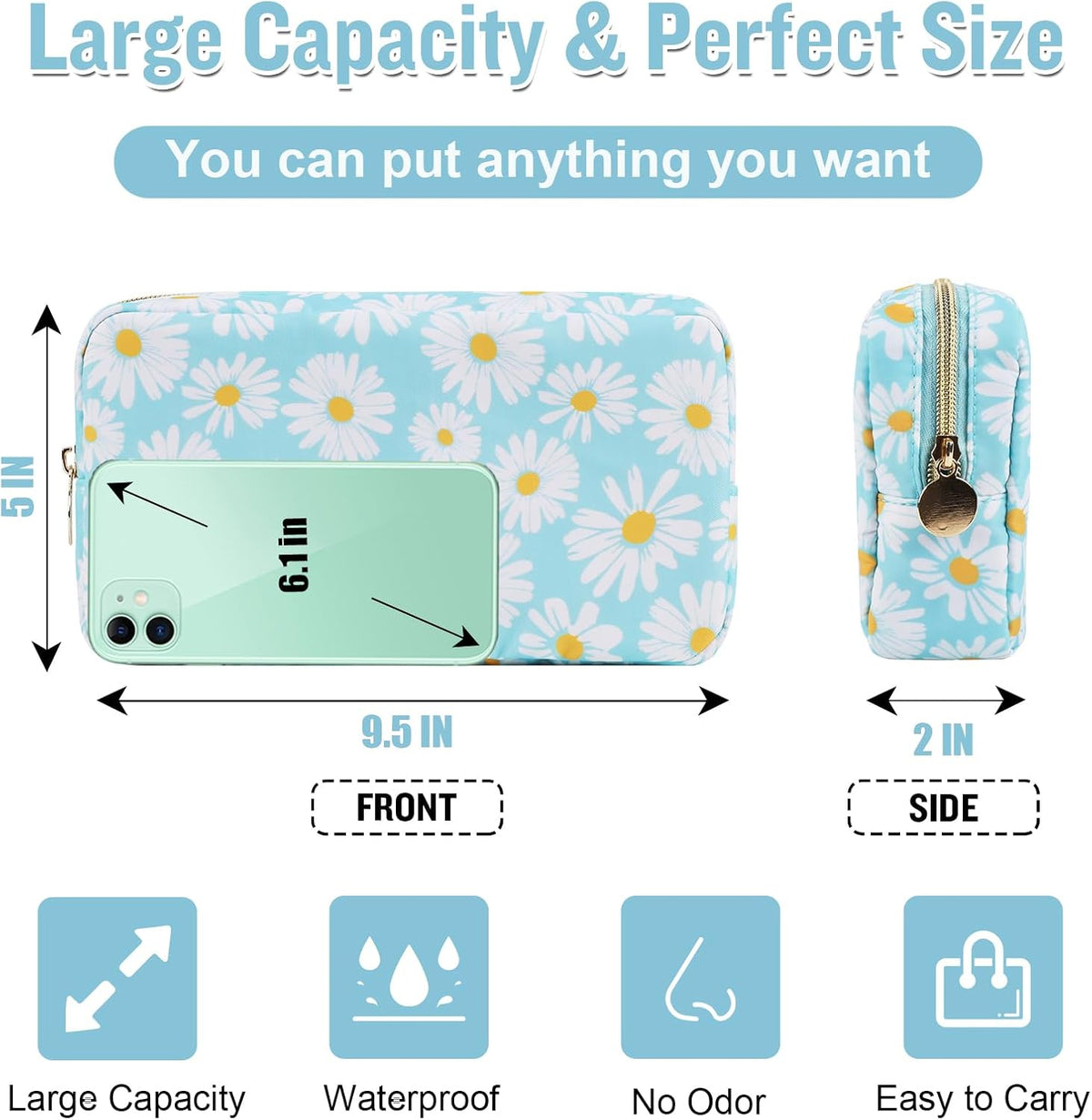 Nylon Large Floral Makeup Organizer Bag, Preppy Big Cute Flower Cosmetic Zipper Pouch Multi-compartment with Dividers, Waterproof Toiletry Make Up Bag Travel Essentials for Women(Light Yellow-Flower)