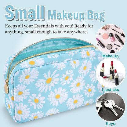 Nylon Large Floral Makeup Organizer Bag, Preppy Big Cute Flower Cosmetic Zipper Pouch Multi-compartment with Dividers, Waterproof Toiletry Make Up Bag Travel Essentials for Women(Light Yellow-Flower)