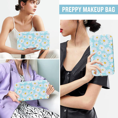 Nylon Large Floral Makeup Organizer Bag, Preppy Big Cute Flower Cosmetic Zipper Pouch Multi-compartment with Dividers, Waterproof Toiletry Make Up Bag Travel Essentials for Women(Light Yellow-Flower)