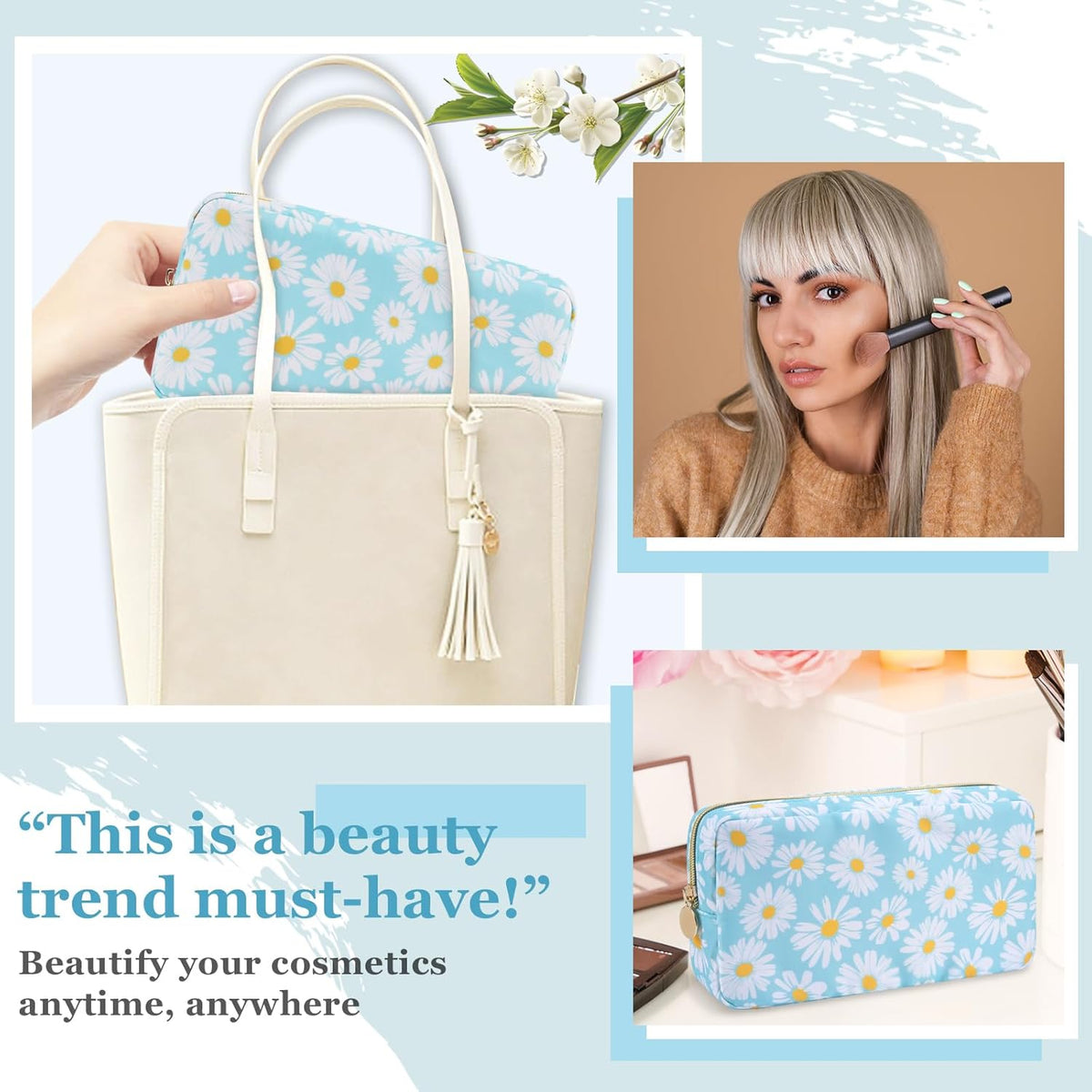 Nylon Large Floral Makeup Organizer Bag, Preppy Big Cute Flower Cosmetic Zipper Pouch Multi-compartment with Dividers, Waterproof Toiletry Make Up Bag Travel Essentials for Women(Light Yellow-Flower)