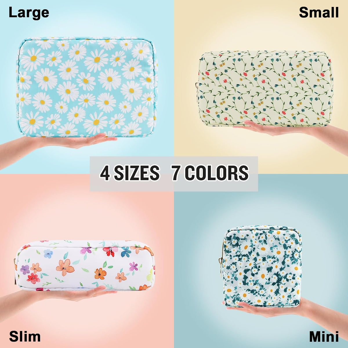 Nylon Large Floral Makeup Organizer Bag, Preppy Big Cute Flower Cosmetic Zipper Pouch Multi-compartment with Dividers, Waterproof Toiletry Make Up Bag Travel Essentials for Women(Light Yellow-Flower)