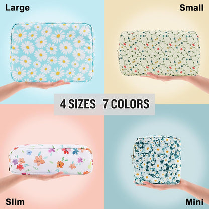 Nylon Large Floral Makeup Organizer Bag, Preppy Big Cute Flower Cosmetic Zipper Pouch Multi-compartment with Dividers, Waterproof Toiletry Make Up Bag Travel Essentials for Women(Light Yellow-Flower)