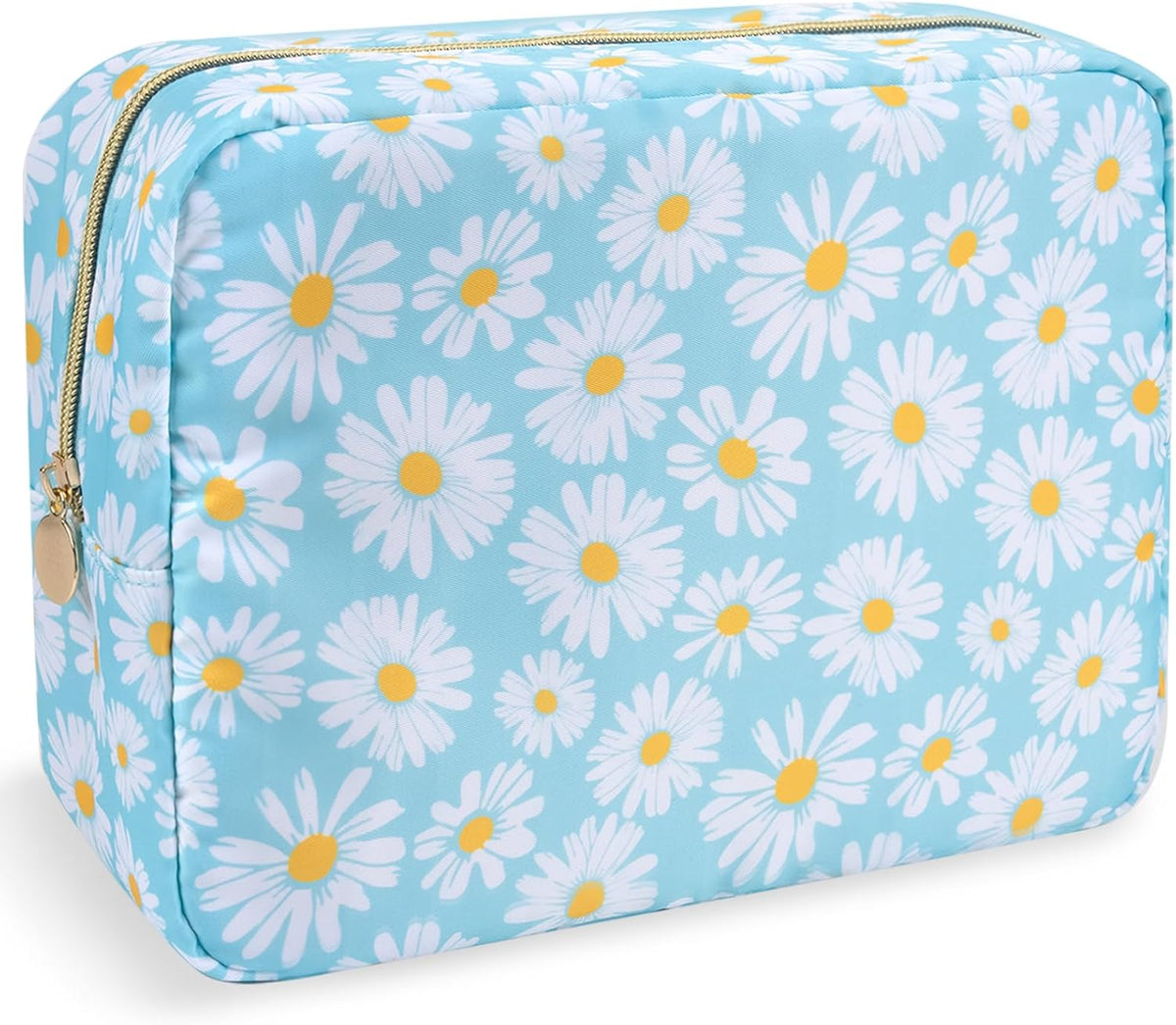 Nylon Large Floral Makeup Organizer Bag, Preppy Big Cute Flower Cosmetic Zipper Pouch Multi-compartment with Dividers, Waterproof Toiletry Make Up Bag Travel Essentials for Women(Light Yellow-Flower)