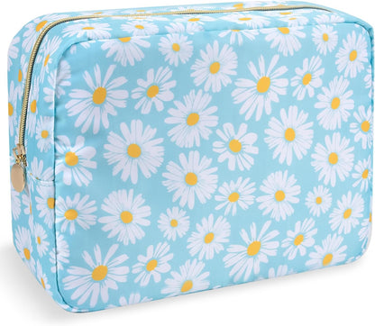 Nylon Large Floral Makeup Organizer Bag, Preppy Big Cute Flower Cosmetic Zipper Pouch Multi-compartment with Dividers, Waterproof Toiletry Make Up Bag Travel Essentials for Women(Light Yellow-Flower)