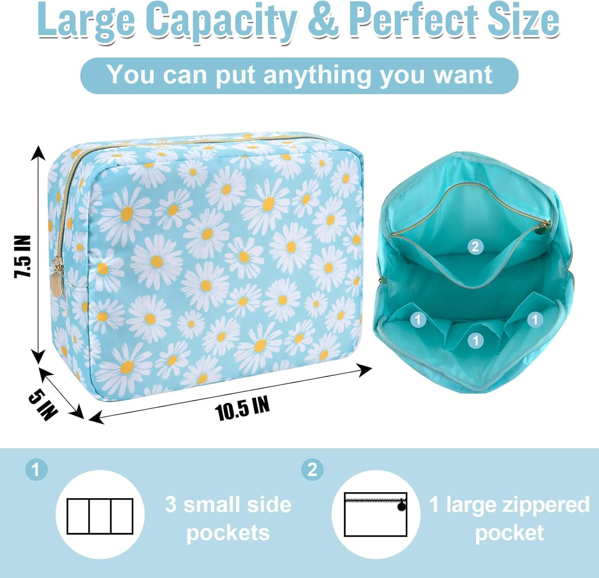 Nylon Large Floral Makeup Organizer Bag, Preppy Big Cute Flower Cosmetic Zipper Pouch Multi-compartment with Dividers, Waterproof Toiletry Make Up Bag Travel Essentials for Women(Light Yellow-Flower)