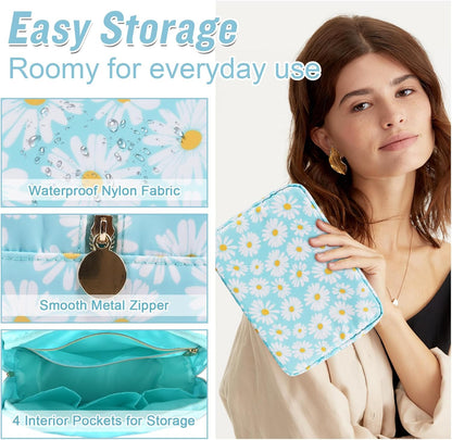 Nylon Large Floral Makeup Organizer Bag, Preppy Big Cute Flower Cosmetic Zipper Pouch Multi-compartment with Dividers, Waterproof Toiletry Make Up Bag Travel Essentials for Women(Light Yellow-Flower)