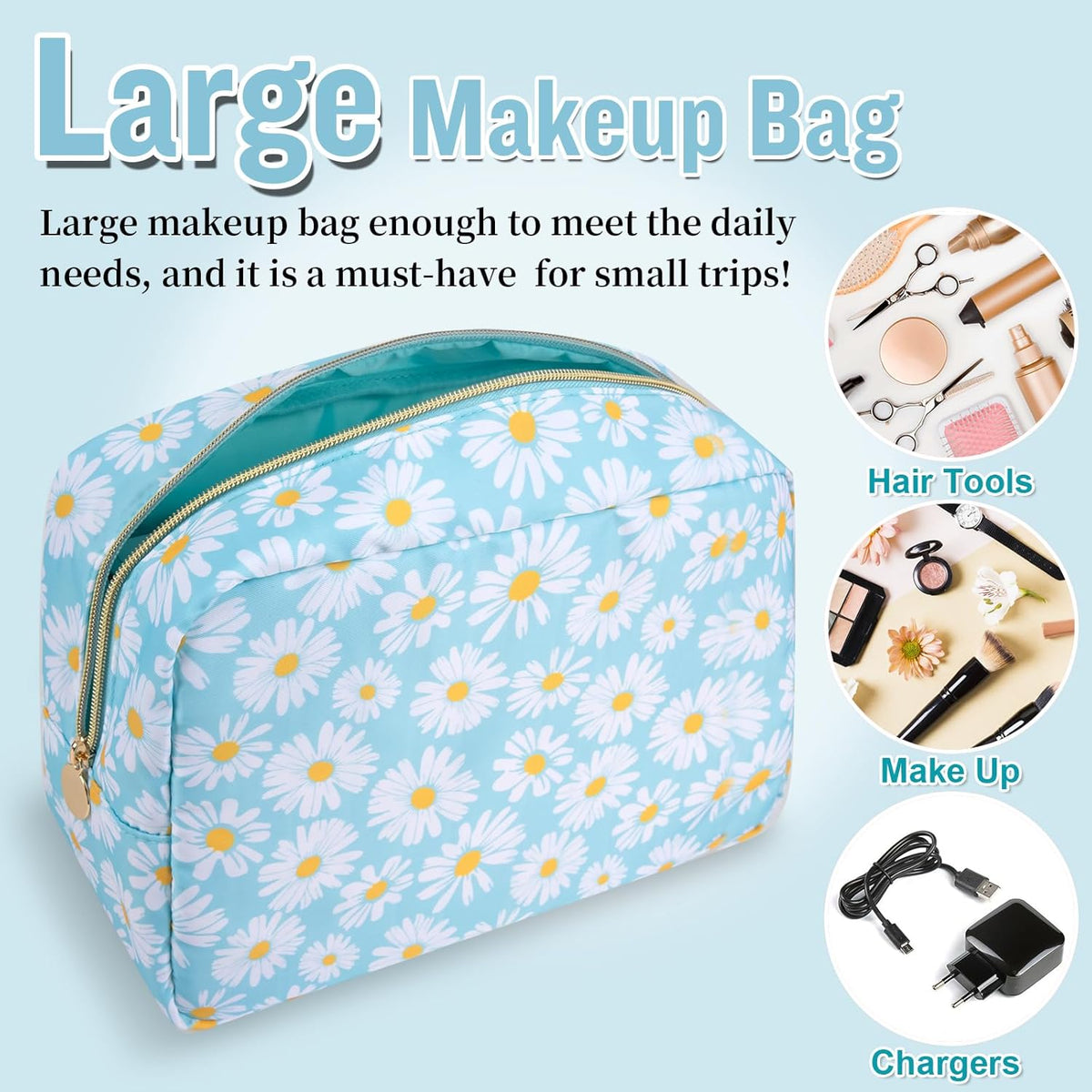 Nylon Large Floral Makeup Organizer Bag, Preppy Big Cute Flower Cosmetic Zipper Pouch Multi-compartment with Dividers, Waterproof Toiletry Make Up Bag Travel Essentials for Women(Light Yellow-Flower)