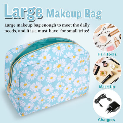 Nylon Large Floral Makeup Organizer Bag, Preppy Big Cute Flower Cosmetic Zipper Pouch Multi-compartment with Dividers, Waterproof Toiletry Make Up Bag Travel Essentials for Women(Light Yellow-Flower)