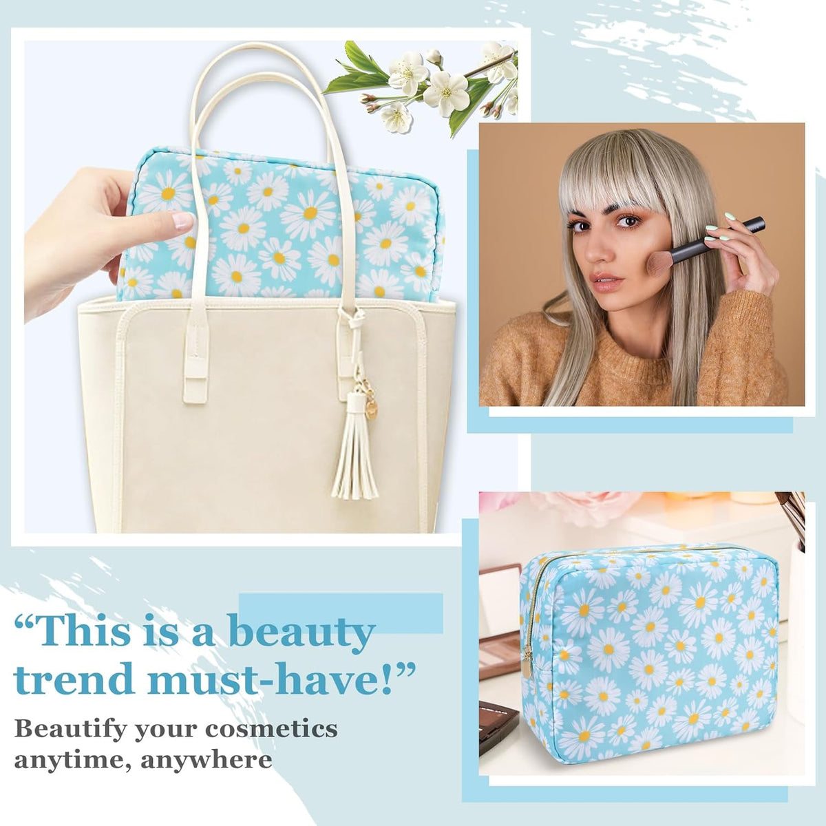 Nylon Large Floral Makeup Organizer Bag, Preppy Big Cute Flower Cosmetic Zipper Pouch Multi-compartment with Dividers, Waterproof Toiletry Make Up Bag Travel Essentials for Women(Light Yellow-Flower)