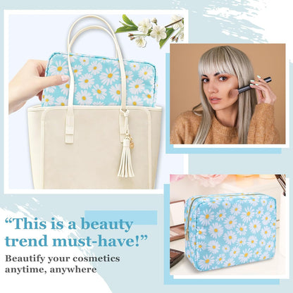 Nylon Large Floral Makeup Organizer Bag, Preppy Big Cute Flower Cosmetic Zipper Pouch Multi-compartment with Dividers, Waterproof Toiletry Make Up Bag Travel Essentials for Women(Light Yellow-Flower)