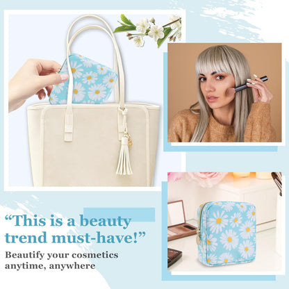 Nylon Large Floral Makeup Organizer Bag, Preppy Big Cute Flower Cosmetic Zipper Pouch Multi-compartment with Dividers, Waterproof Toiletry Make Up Bag Travel Essentials for Women(Light Yellow-Flower)