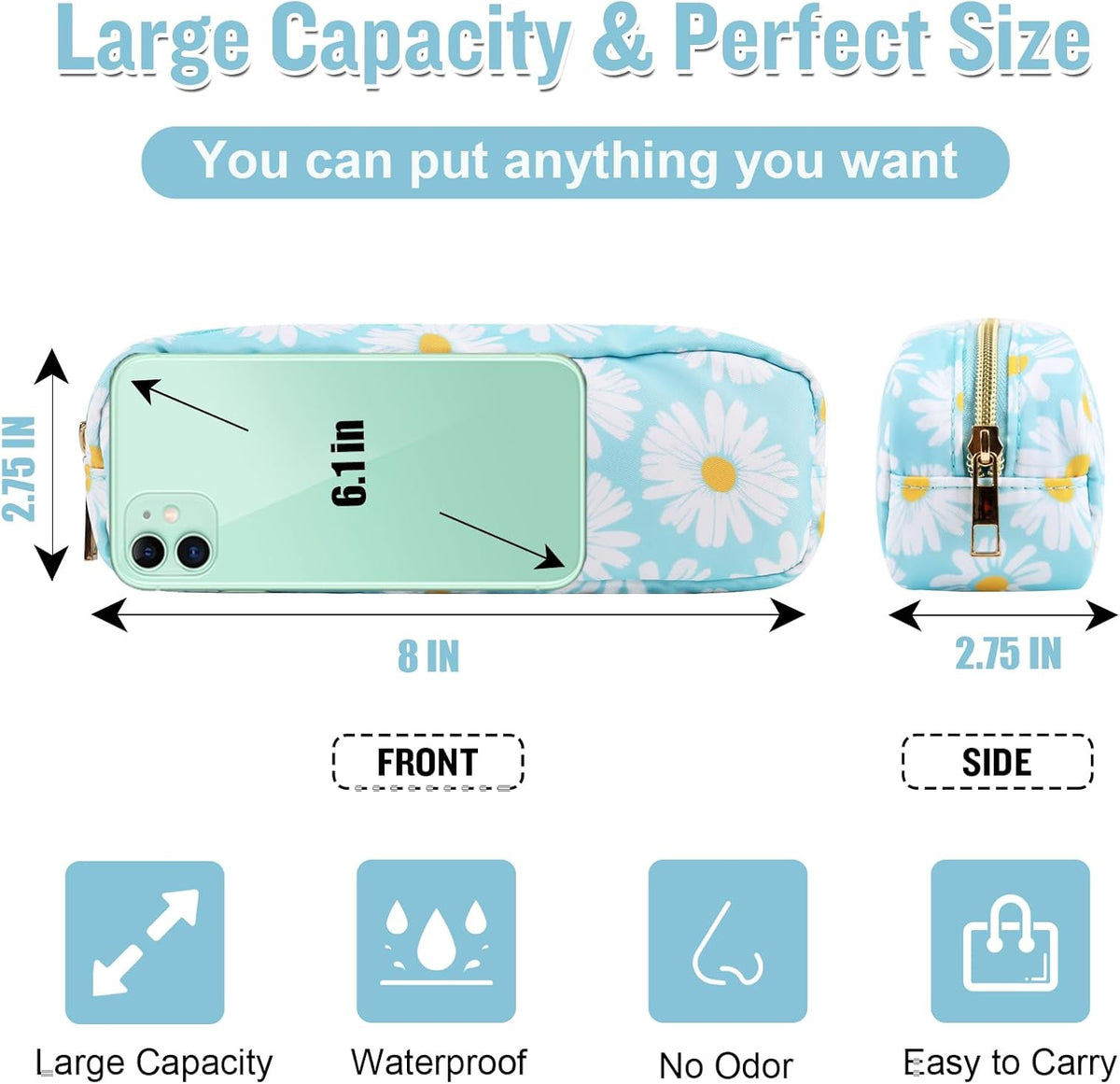 Nylon Large Floral Makeup Organizer Bag, Preppy Big Cute Flower Cosmetic Zipper Pouch Multi-compartment with Dividers, Waterproof Toiletry Make Up Bag Travel Essentials for Women(Light Yellow-Flower)