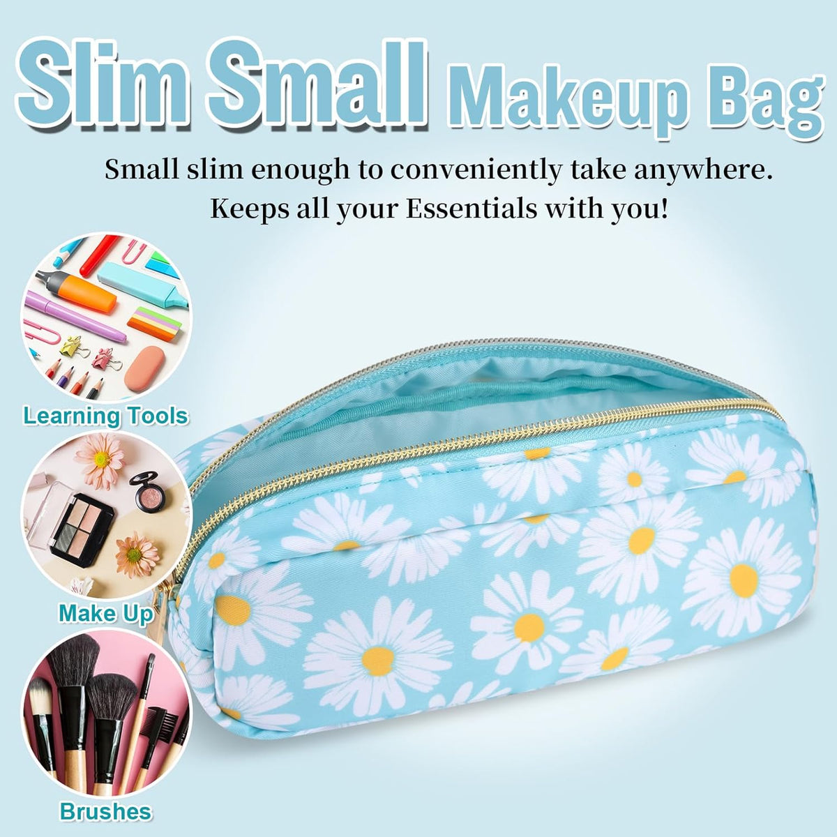 Nylon Large Floral Makeup Organizer Bag, Preppy Big Cute Flower Cosmetic Zipper Pouch Multi-compartment with Dividers, Waterproof Toiletry Make Up Bag Travel Essentials for Women(Light Yellow-Flower)