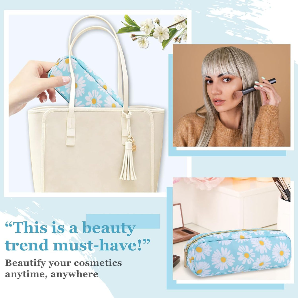 Nylon Large Floral Makeup Organizer Bag, Preppy Big Cute Flower Cosmetic Zipper Pouch Multi-compartment with Dividers, Waterproof Toiletry Make Up Bag Travel Essentials for Women(Light Yellow-Flower)
