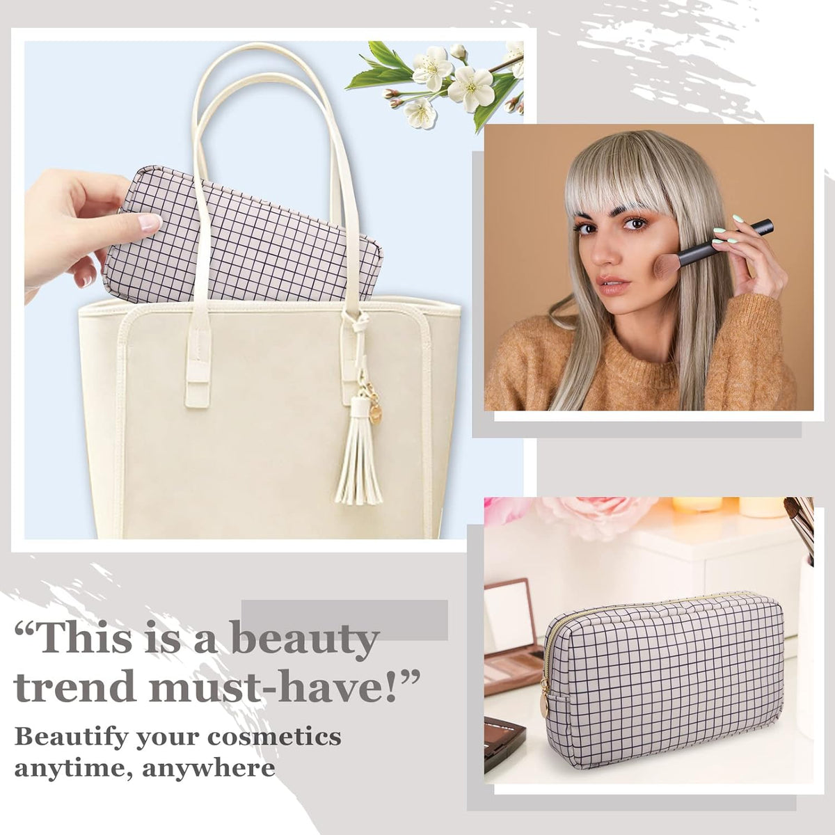 Nylon Large Floral Makeup Organizer Bag, Preppy Big Cute Flower Cosmetic Zipper Pouch Multi-compartment with Dividers, Waterproof Toiletry Make Up Bag Travel Essentials for Women(Light Yellow-Flower)