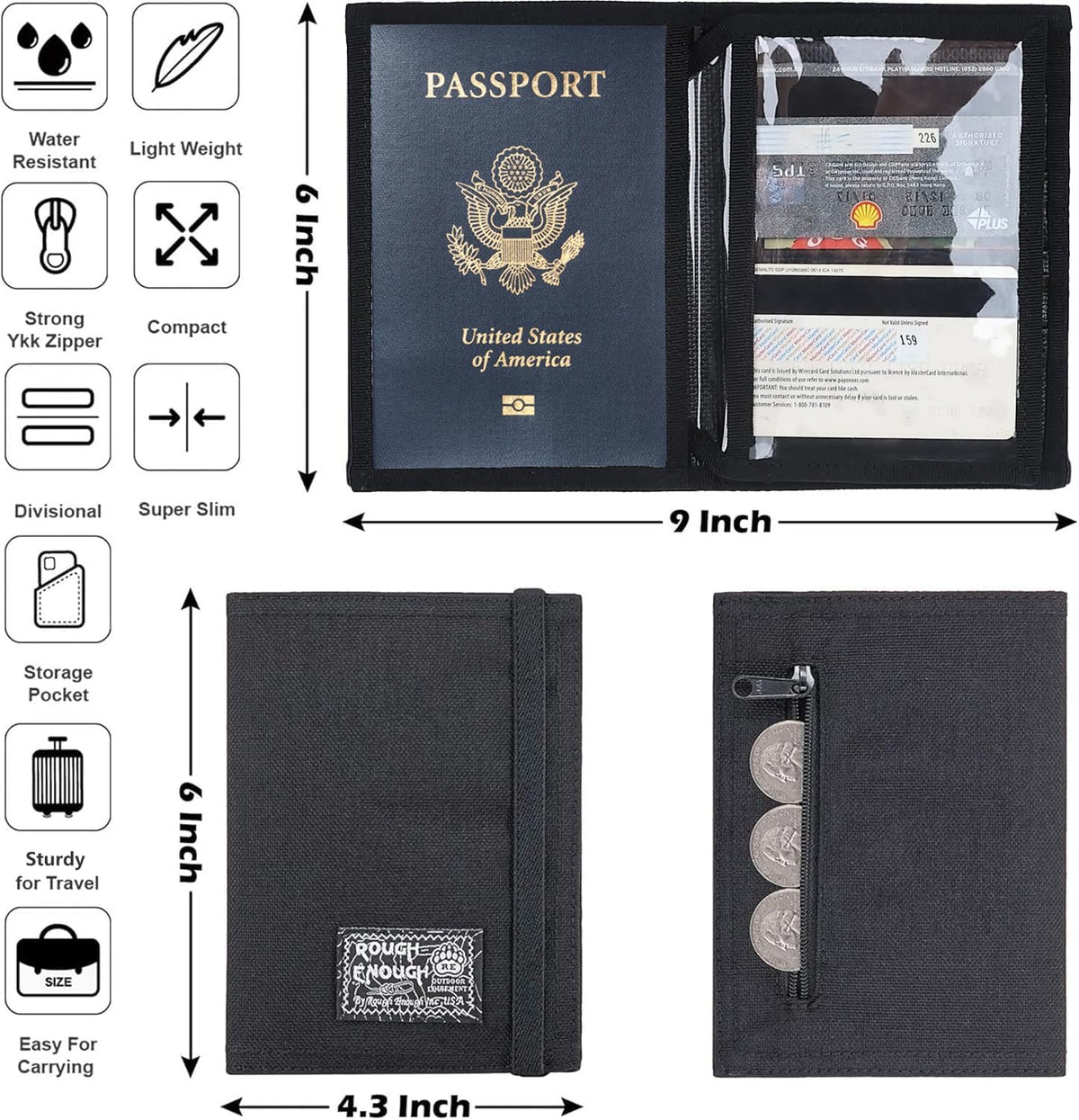 Rough Enough Passport Wallet, Holds 4 Passports, Cordura Black | For international travel, family.Slim design fits passport, Heavy-duty nylon fabric with YKK zipper, Compact lightweight