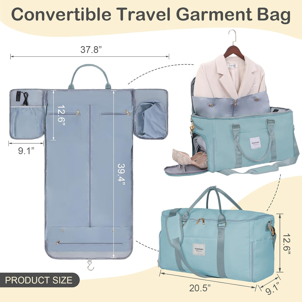 Travel Garment Bag, Convertible Garment Duffle with Shoe Bag and Hanging Dress Compartment for Women, Carry-On Luggage for Business and Leisure Trips(Turquoise)