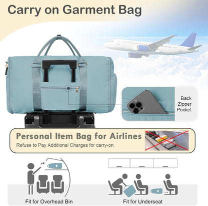 Travel Garment Bag, Convertible Garment Duffle with Shoe Bag and Hanging Dress Compartment for Women, Carry-On Luggage for Business and Leisure Trips(Turquoise)