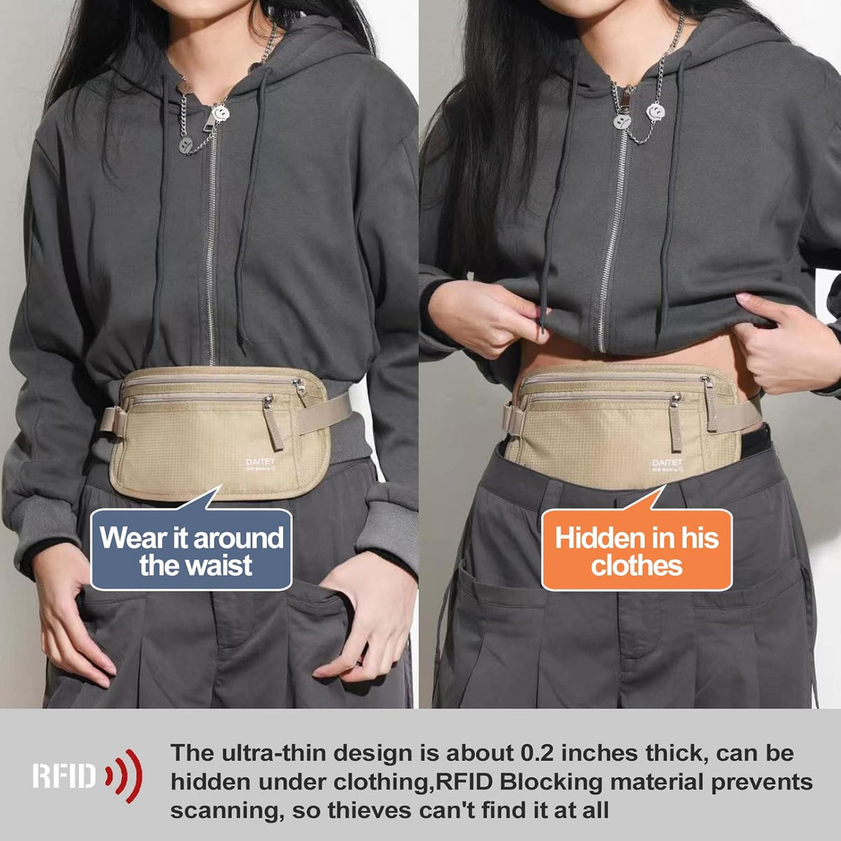 Money Belt - Passport Holder Secure Hidden Travel Wallet with RFID Blocking, Undercover Fanny Pack (Black)