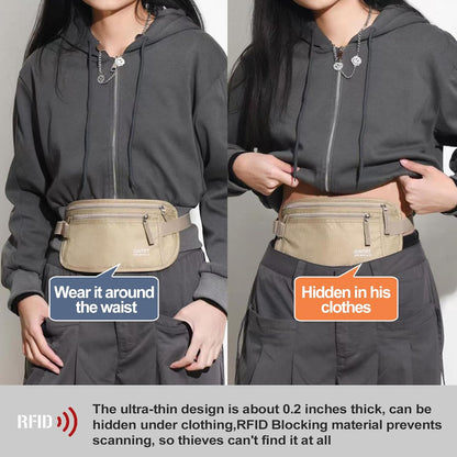 Money Belt - Passport Holder Secure Hidden Travel Wallet with RFID Blocking, Undercover Fanny Pack (Black)