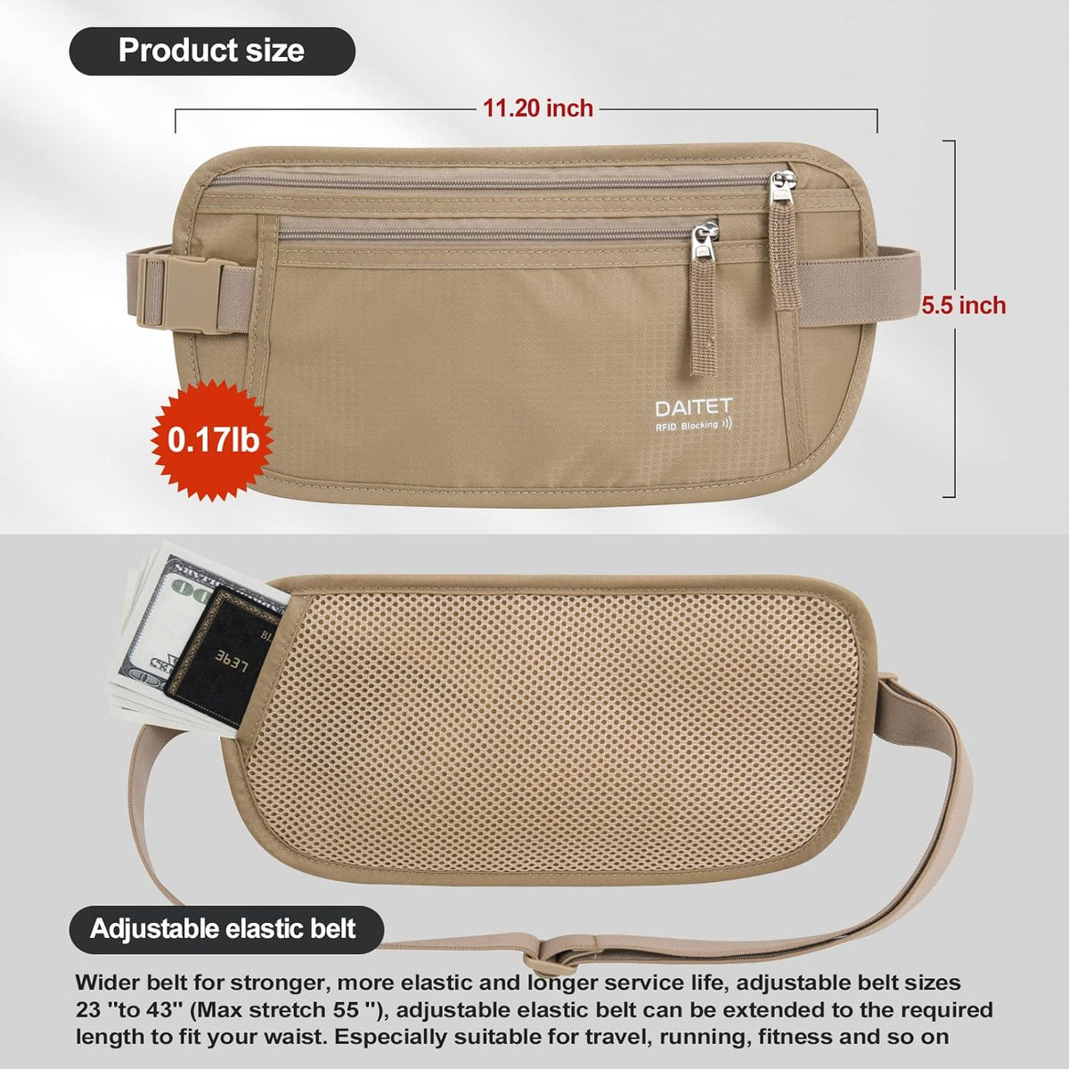 Money Belt - Passport Holder Secure Hidden Travel Wallet with RFID Blocking, Undercover Fanny Pack (Black)