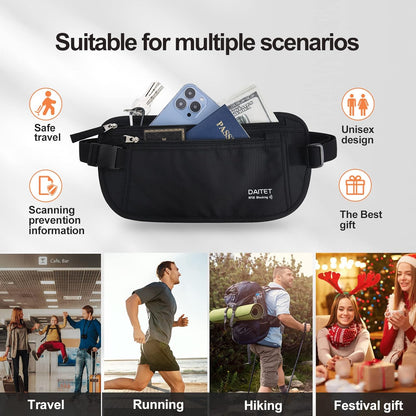 Money Belt - Passport Holder Secure Hidden Travel Wallet with RFID Blocking, Undercover Fanny Pack (Black)