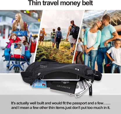 Money Belt - Passport Holder Secure Hidden Travel Wallet with RFID Blocking, Undercover Fanny Pack (Black)