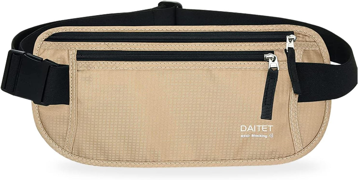 Money Belt - Passport Holder Secure Hidden Travel Wallet with RFID Blocking, Undercover Fanny Pack (Black)