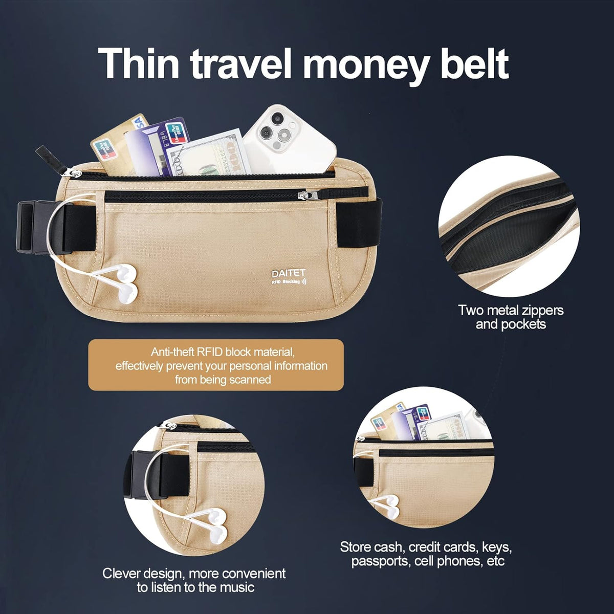 Money Belt - Passport Holder Secure Hidden Travel Wallet with RFID Blocking, Undercover Fanny Pack (Black)