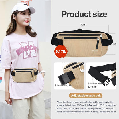 Money Belt - Passport Holder Secure Hidden Travel Wallet with RFID Blocking, Undercover Fanny Pack (Black)