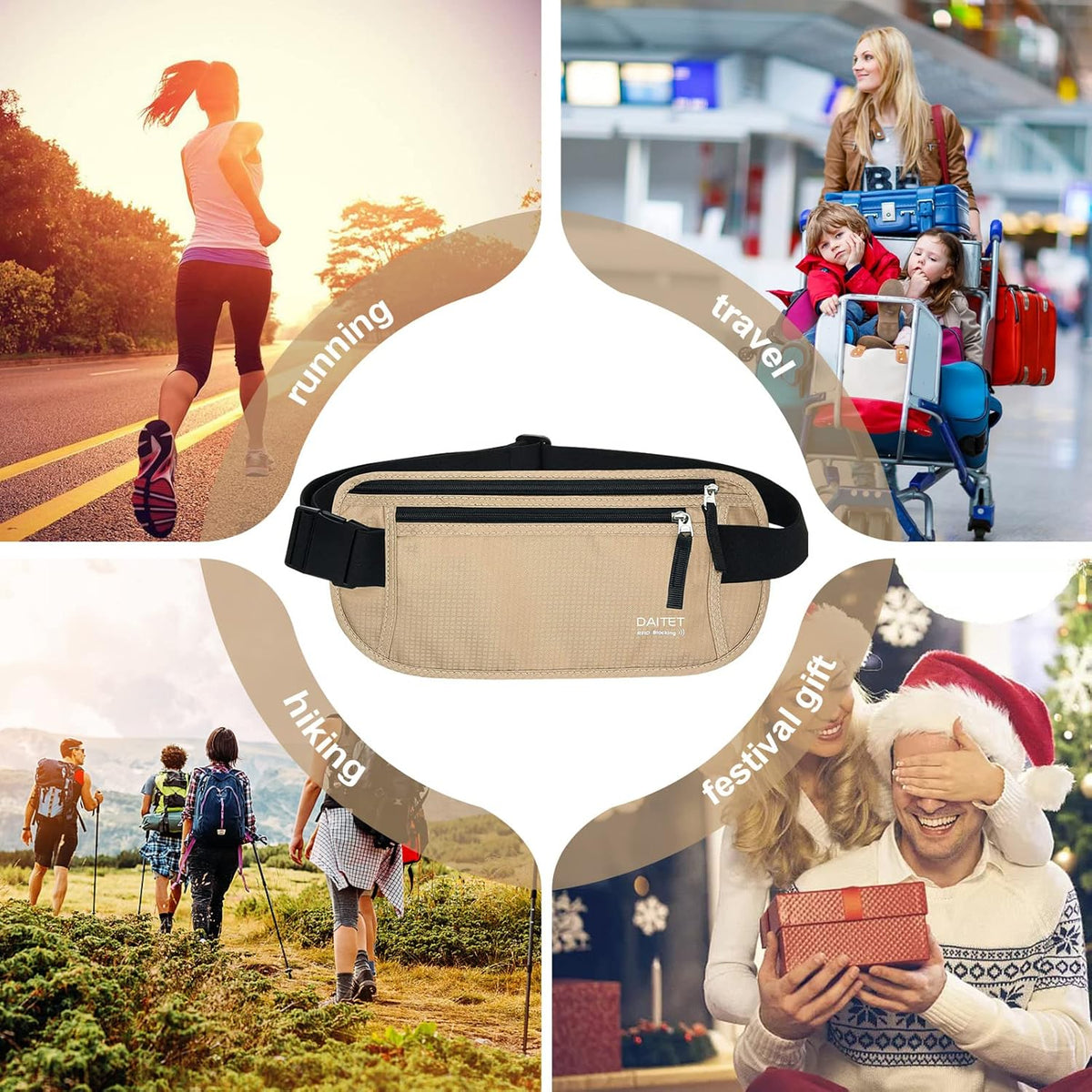 Money Belt - Passport Holder Secure Hidden Travel Wallet with RFID Blocking, Undercover Fanny Pack (Black)