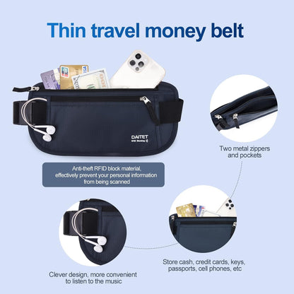 Money Belt - Passport Holder Secure Hidden Travel Wallet with RFID Blocking, Undercover Fanny Pack (Black)