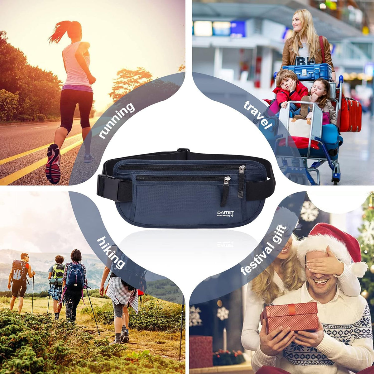 Money Belt - Passport Holder Secure Hidden Travel Wallet with RFID Blocking, Undercover Fanny Pack (Black)