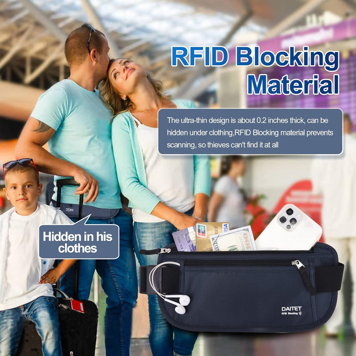 Money Belt - Passport Holder Secure Hidden Travel Wallet with RFID Blocking, Undercover Fanny Pack (Black)