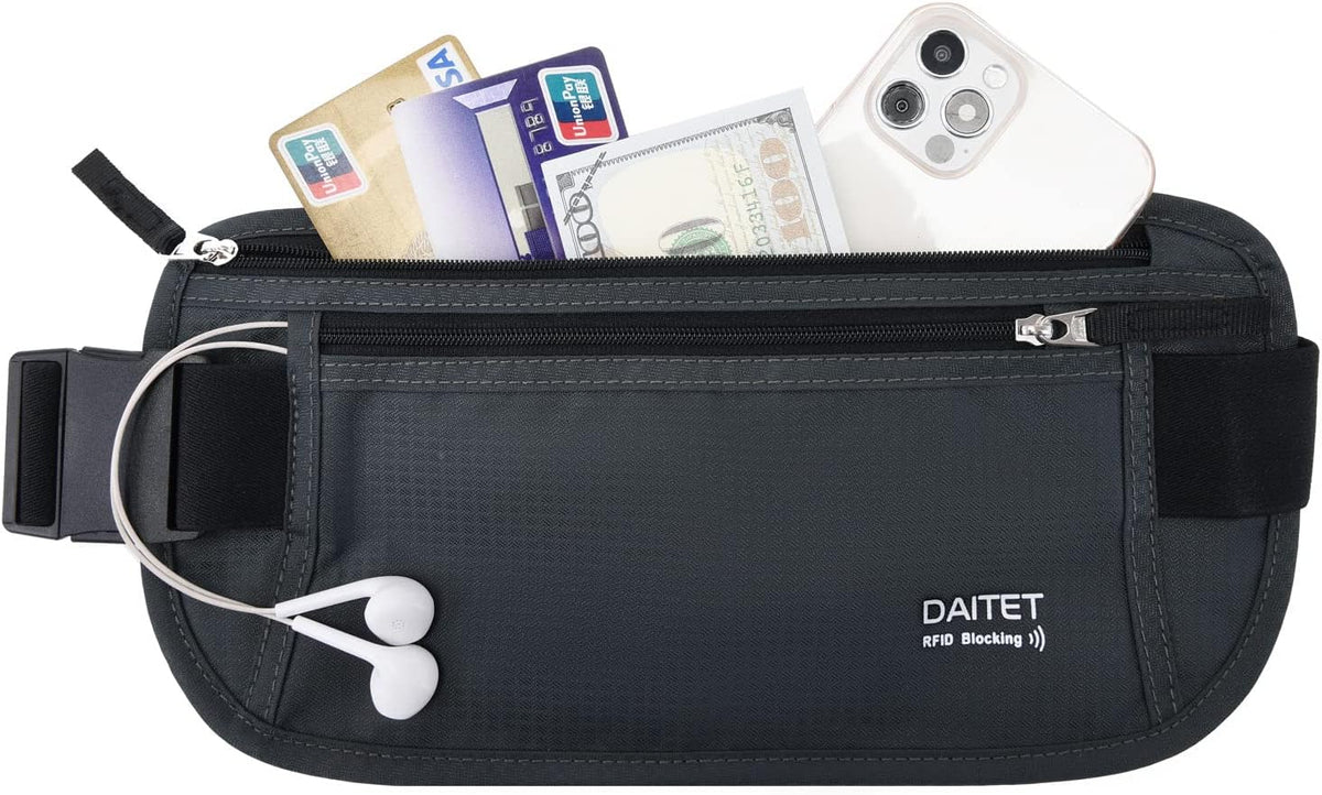 Money Belt - Passport Holder Secure Hidden Travel Wallet with RFID Blocking, Undercover Fanny Pack (Black)