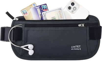 Money Belt - Passport Holder Secure Hidden Travel Wallet with RFID Blocking, Undercover Fanny Pack (Black)