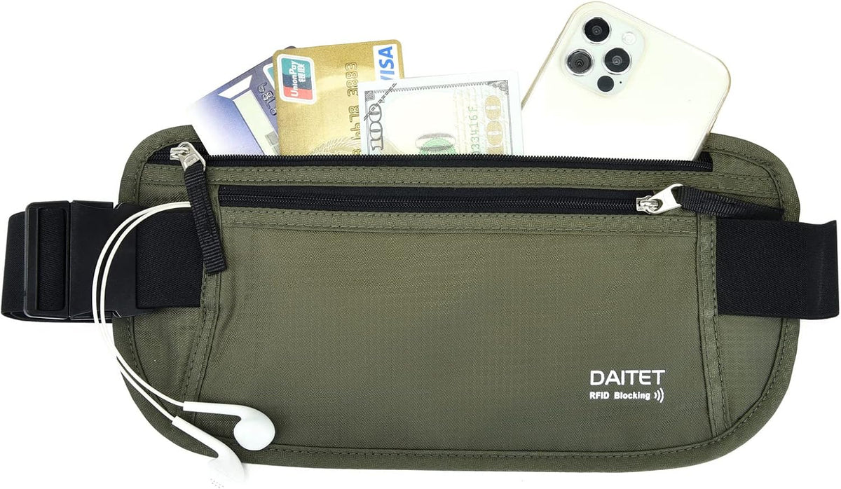 Money Belt - Passport Holder Secure Hidden Travel Wallet with RFID Blocking, Undercover Fanny Pack (Black)