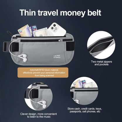 Money Belt - Passport Holder Secure Hidden Travel Wallet with RFID Blocking, Undercover Fanny Pack (Black)