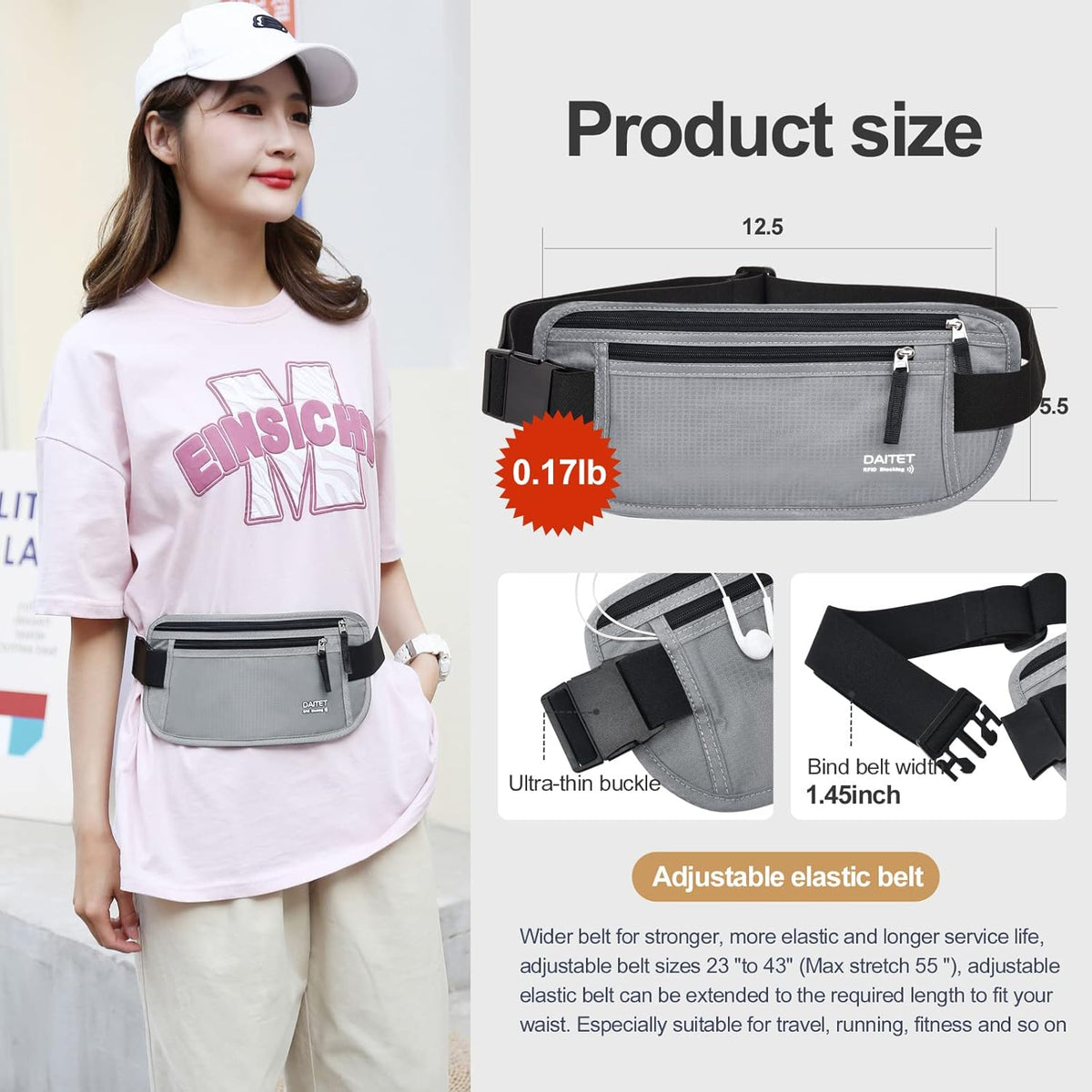 Money Belt - Passport Holder Secure Hidden Travel Wallet with RFID Blocking, Undercover Fanny Pack (Black)