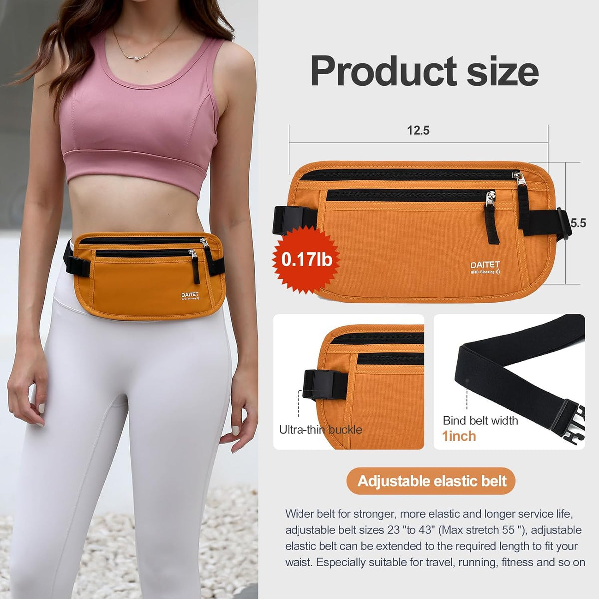Money Belt - Passport Holder Secure Hidden Travel Wallet with RFID Blocking, Undercover Fanny Pack (Black)