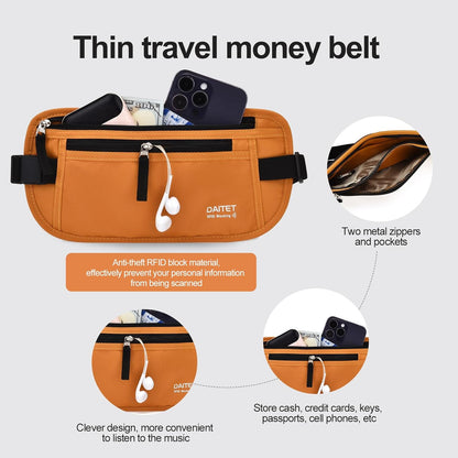 Money Belt - Passport Holder Secure Hidden Travel Wallet with RFID Blocking, Undercover Fanny Pack (Black)