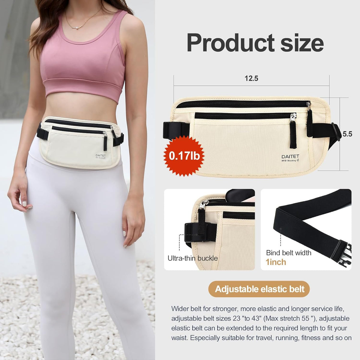 Money Belt - Passport Holder Secure Hidden Travel Wallet with RFID Blocking, Undercover Fanny Pack (Black)