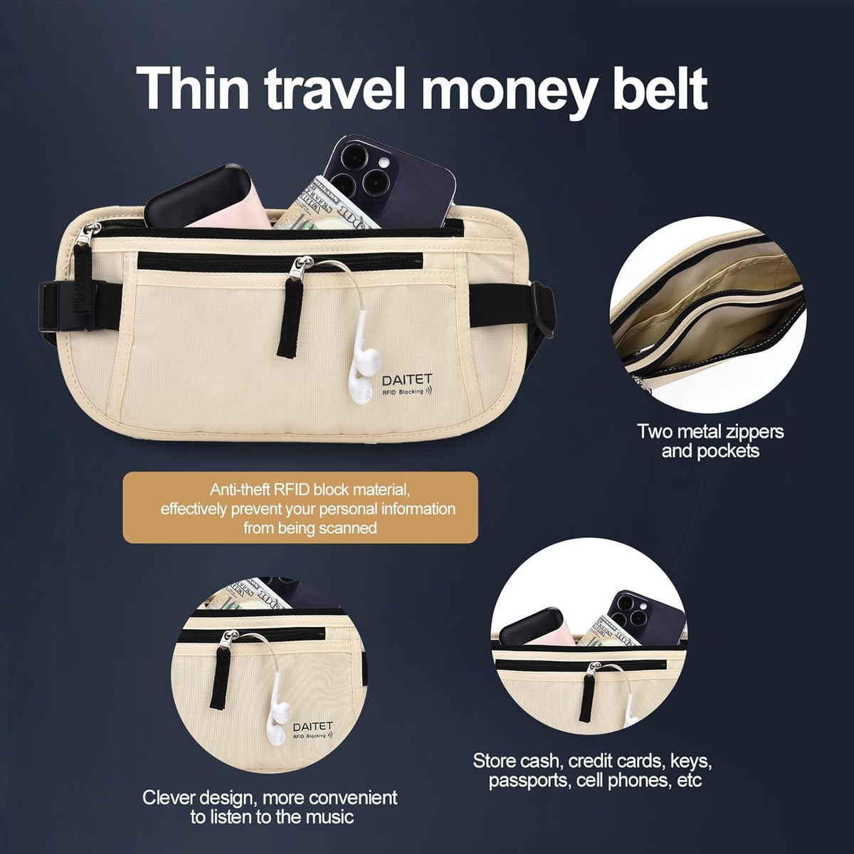 Money Belt - Passport Holder Secure Hidden Travel Wallet with RFID Blocking, Undercover Fanny Pack (Black)