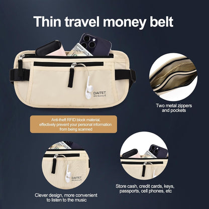 Money Belt - Passport Holder Secure Hidden Travel Wallet with RFID Blocking, Undercover Fanny Pack (Black)